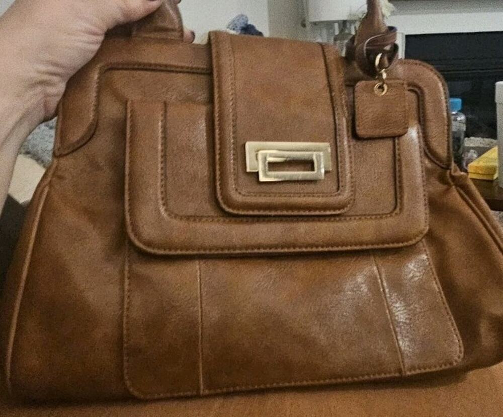 Liz Claiborne Cognac Brown Faux Leather Satchel Shoulder Bag Gold Hardware